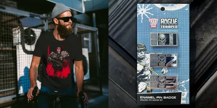 Judge Dredd shirt and Rogue Trooper pin