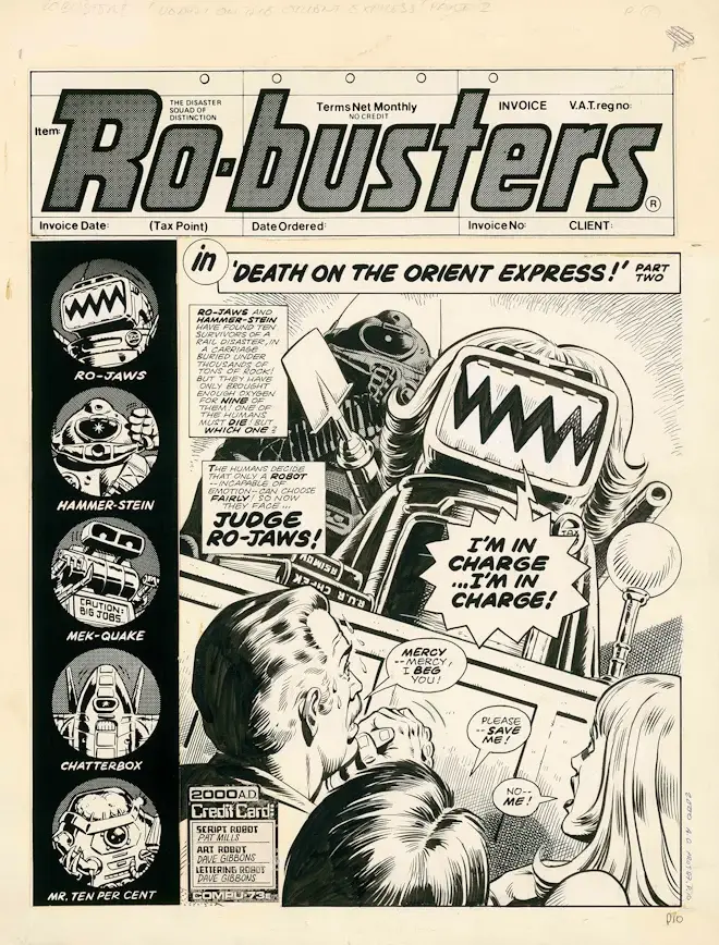 Dave Gibbons' original artwork for Ro-Busters in 2000 AD - Death on the Orient Express featuring Ro-Jaws, Hammerstein and Mek-Quake