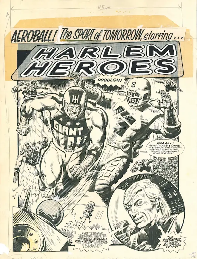 Dave Gibbons' original artwork for Harlem Heroes in 2000 AD - Aeroball: The Sport of Tomorrow, featuring Giant