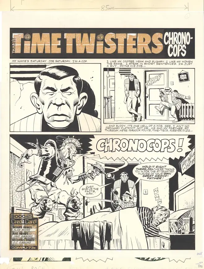 Dave Gibbons' original artwork for Time Twisters: Chrono-Cops in 2000 AD - the Alan Moore-written time-travel short story