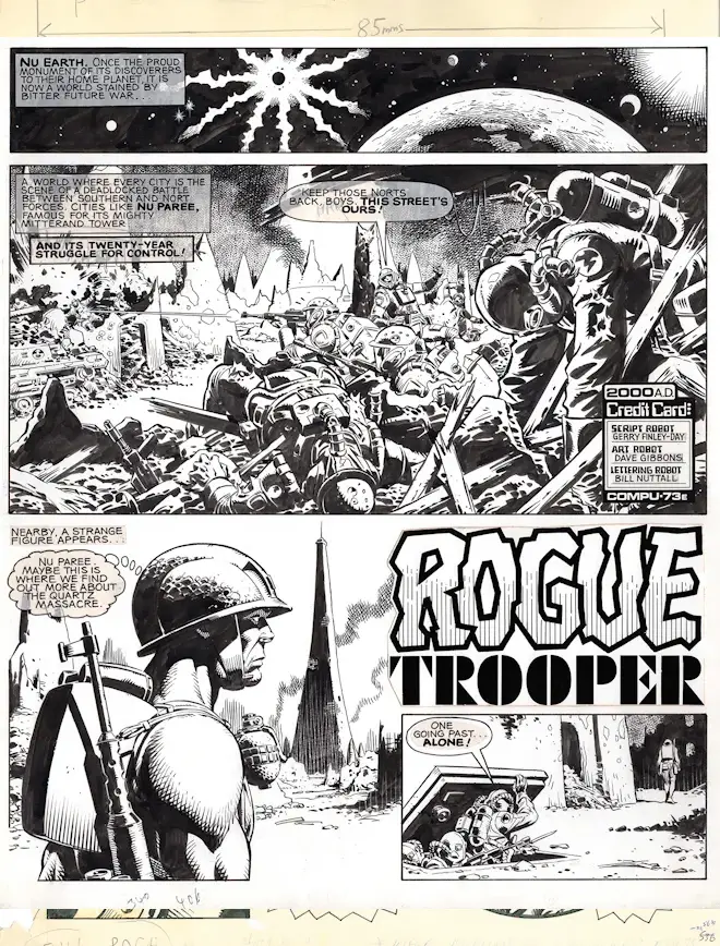 Dave Gibbons' original artwork for Rogue Trooper in 2000 AD - Rogue stands alone on the devastated surface of Nu Earth