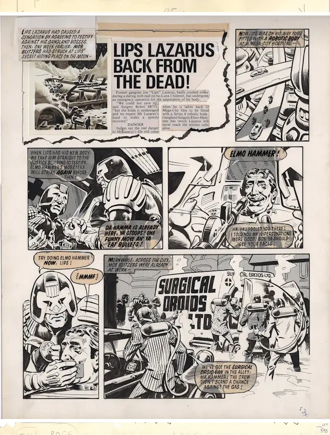 Dave Gibbons' original Judge Dredd artwork in 2000 AD - Lips Lazarus Back From the Dead, featuring Judge Dredd and Elmo Hammer