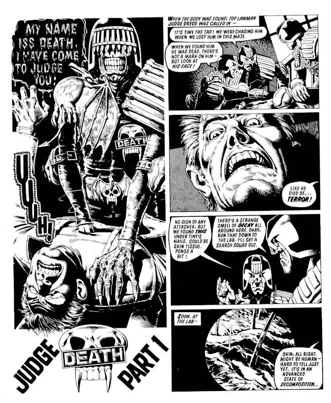 Judge Death Part 1 title page, with Judge Death announcing he has come to judge Mega-City One
