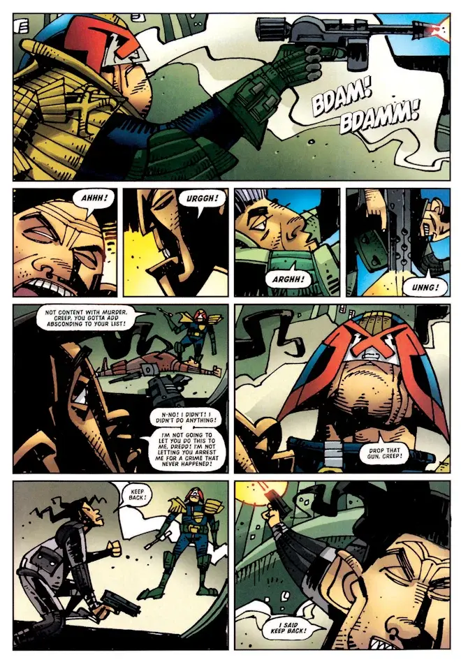 Judge Dredd firing his Lawgiver at a fleeing perp in a colour strip from the omnibus