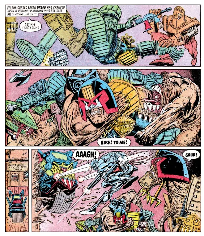 Judge Dredd fighting a mutant in the Cursed Earth and calling his Lawmaster to him