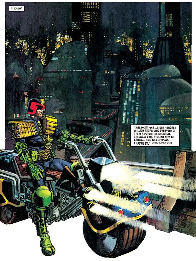 Painted view of Mega-City One at night with Judge Dredd riding his Lawmaster