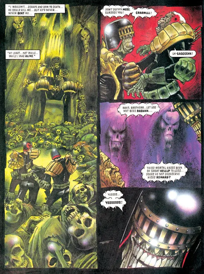 The Dark Judges standing over Judge Dredd amid piles of skulls, from Fifty Years of Judge Dredd